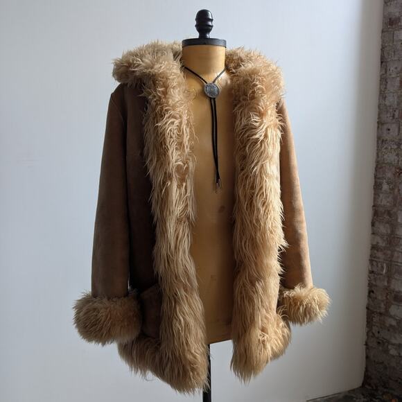 70s Vintage Brown Leather Penny Lane Coat Tan Suede Fur Groovy Boho Afghan Coat - Picture 9 of 10